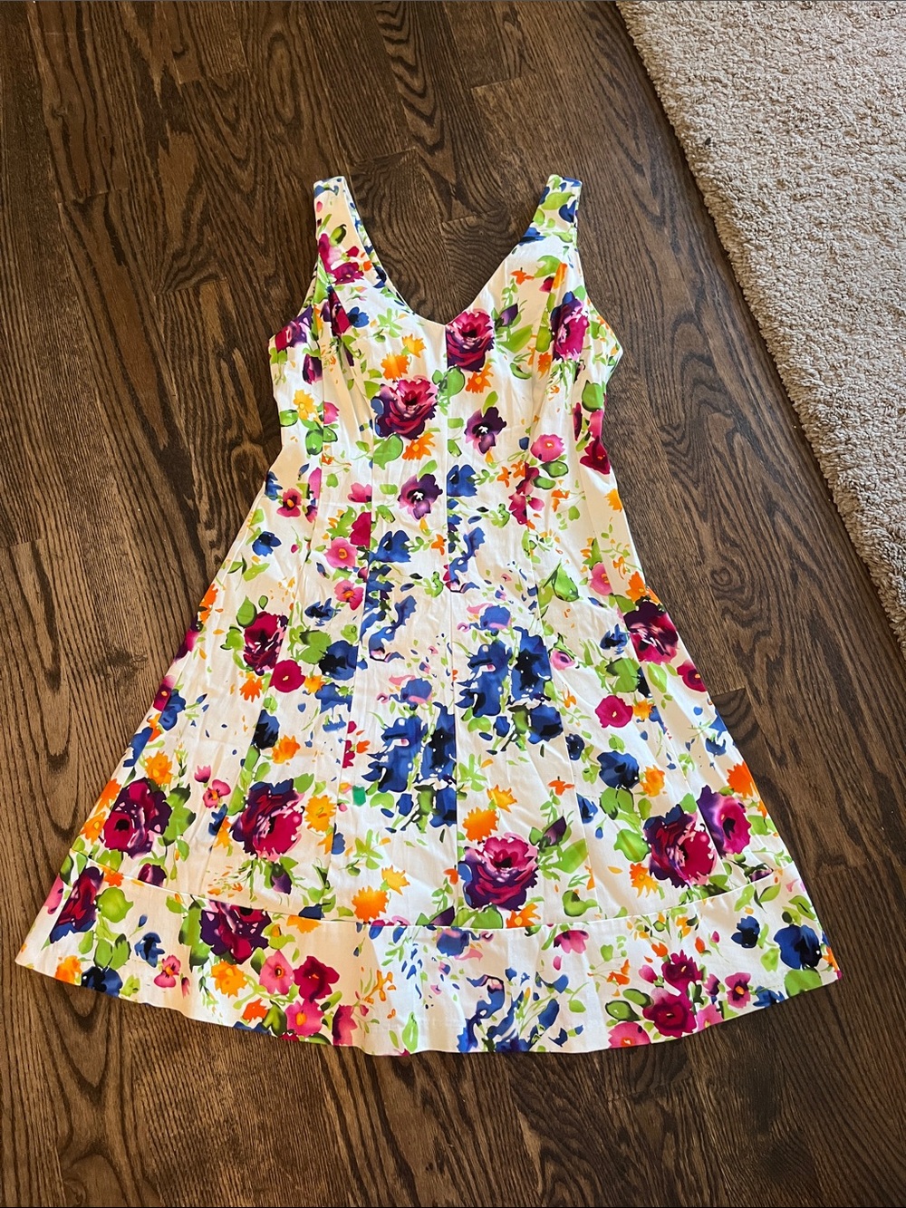 Chaps White Sundress with Bright Pink, Blue, Green and Orange Floral Print